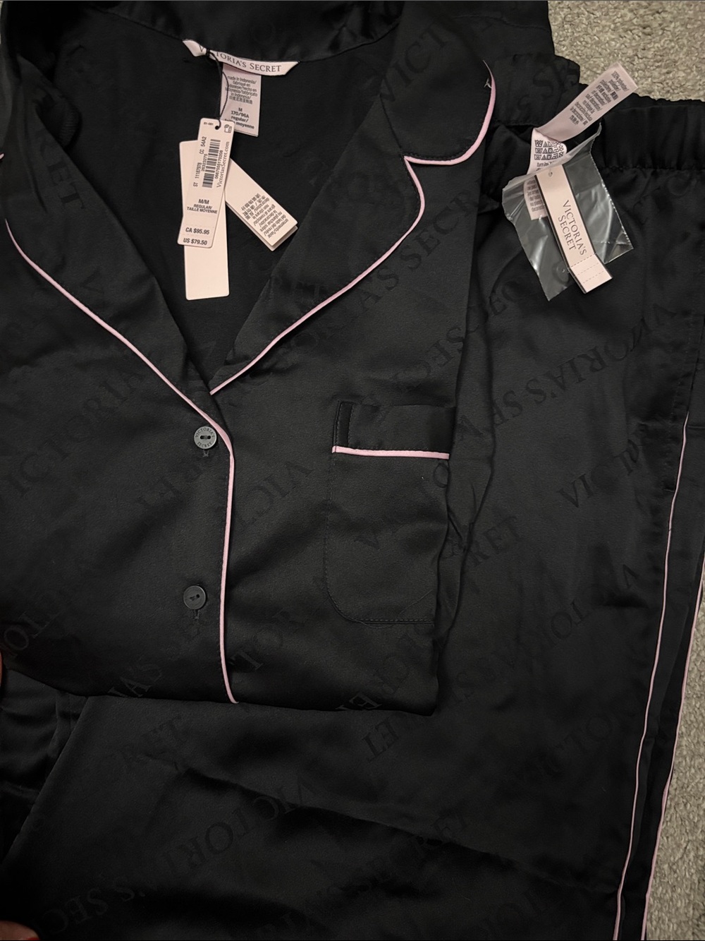Victoria's Secret Black Satin Pajama Set with Light Pink Trim